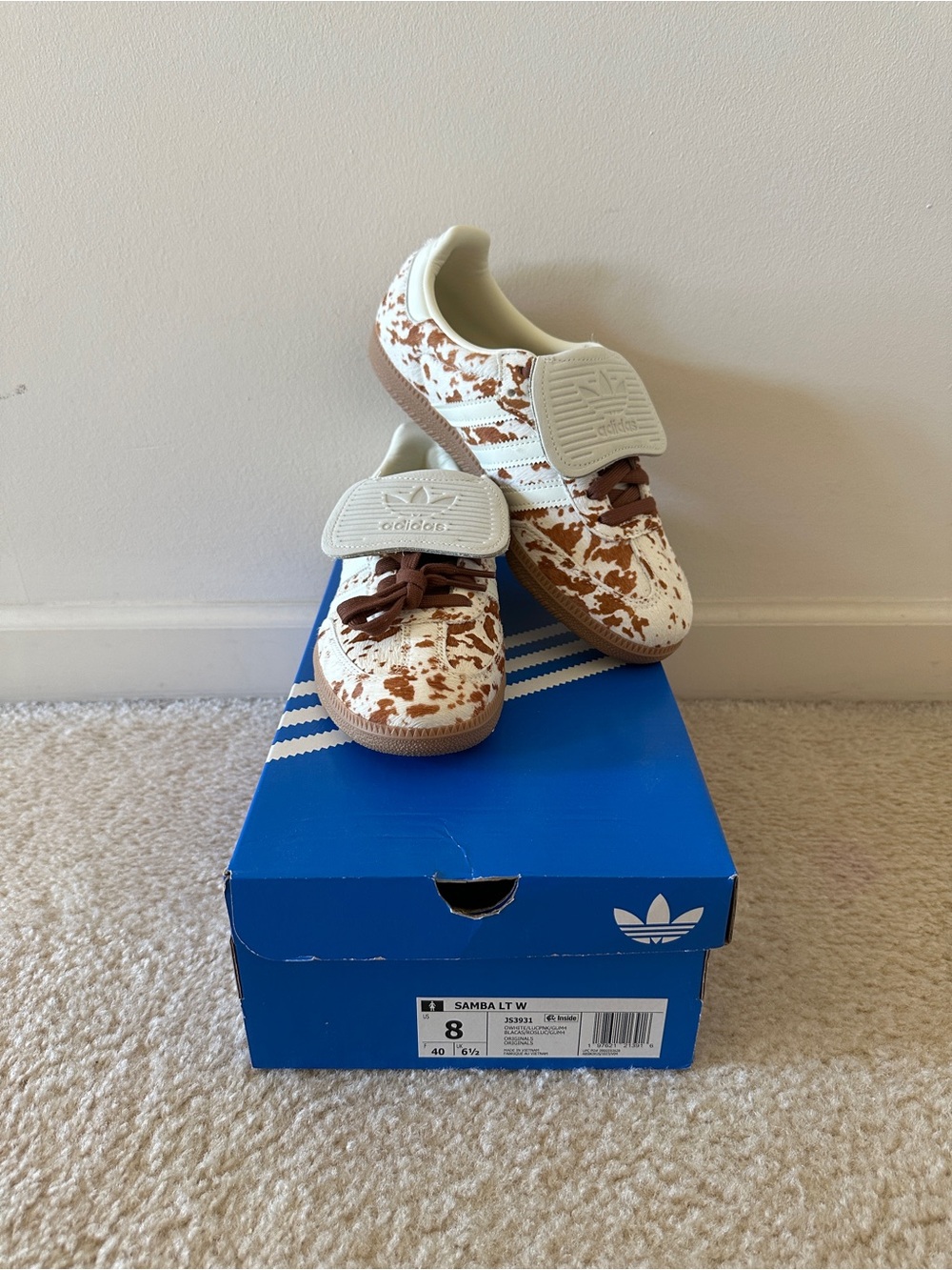 NWT ADIDAS Samba LT Sneakers in White & Brown Splatter/Cowhide (Size 8 US)